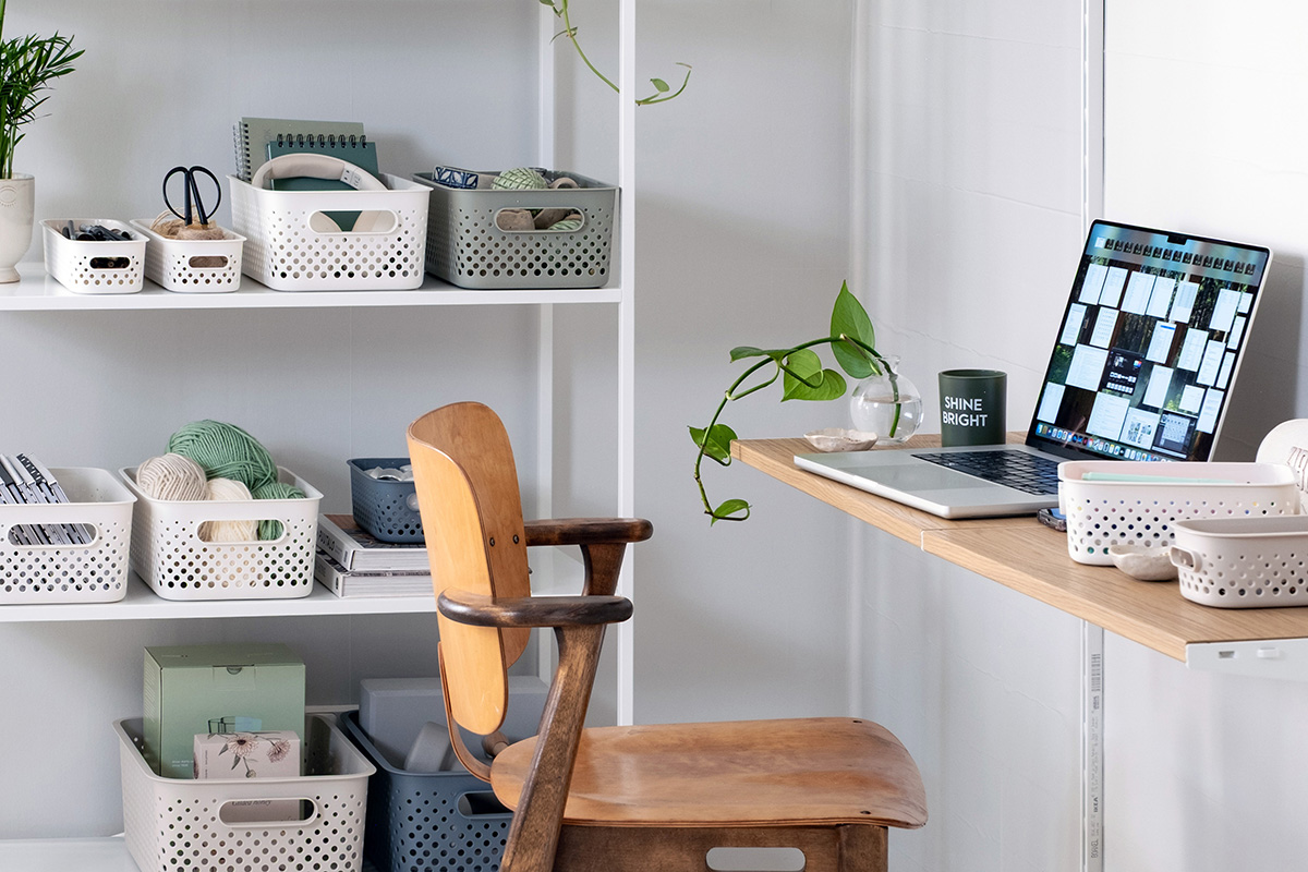 SmartStore Essence storage baskets on a shelf in home office