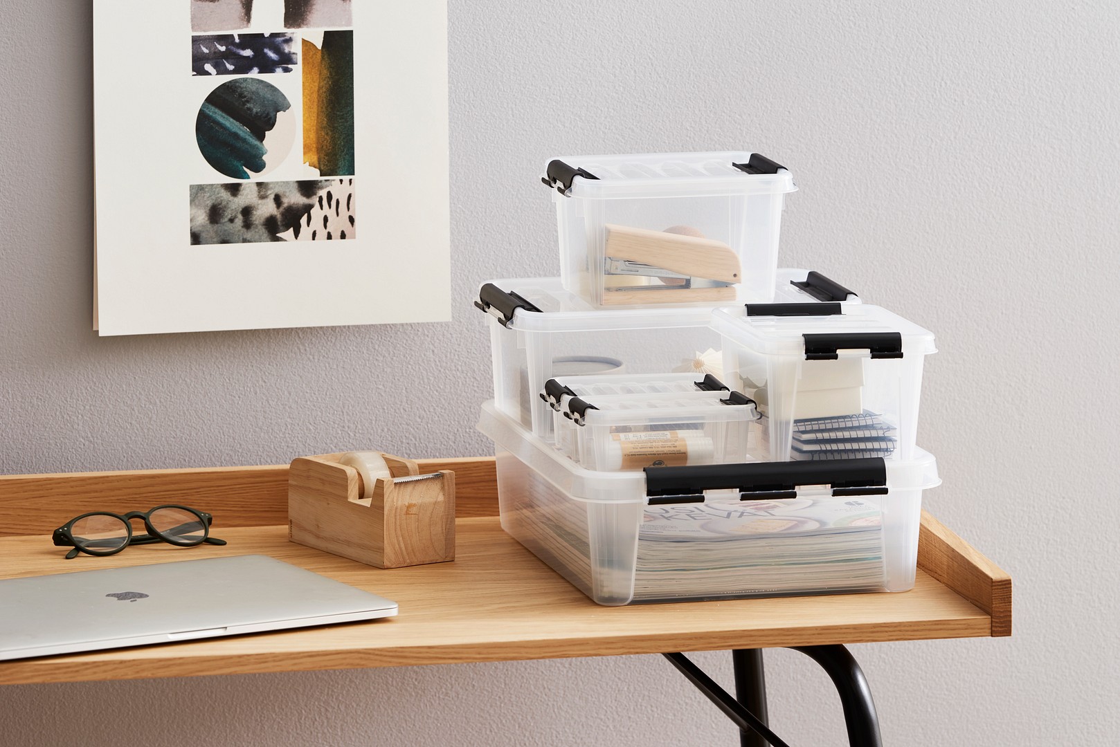 SmartStore Classic storage boxes stacked on a desk